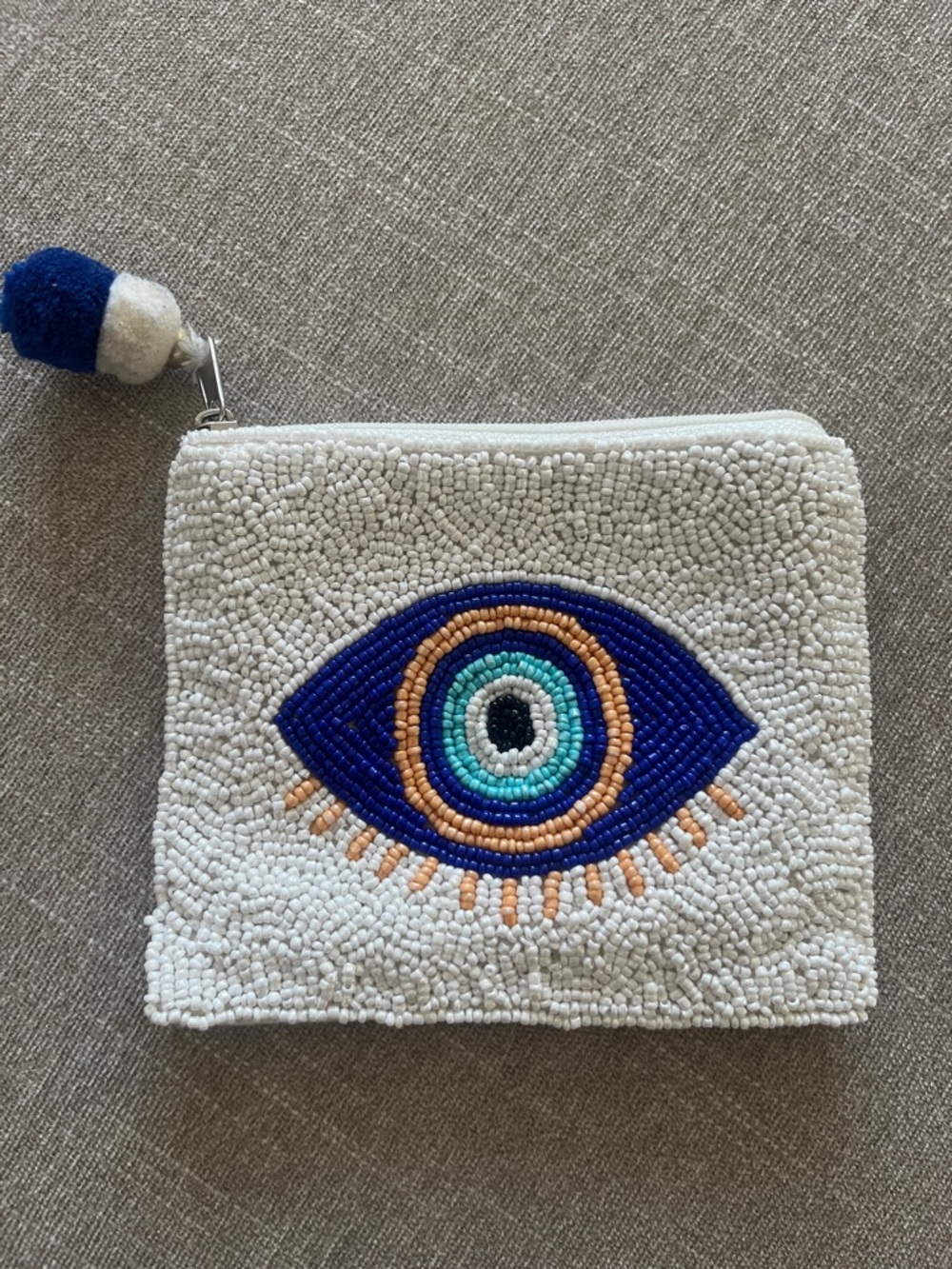 Beaded Evil Eye Coin Pouch in White and Blue